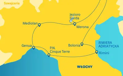 Mapa regionów Włoch: Mediolan, Genua, Cinque Terre, Bolonia, Werona, Jezioro Garda, Rimini i Riwiera Adriatycka.