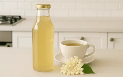 Syrop z kwiatów czarnego bzu przepis. Butelka z domowym syropem, filiżanka napoju i świeże kwiaty czarnego bzu na blacie kuchennym.