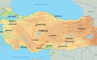 Mapa Turcji, kraju położonego na styku Europy i Azji, z zaznaczonymi miastami jak Stambuł, Ankara i Izmir.