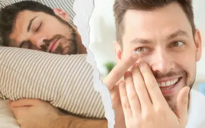 Mężczyzna śpi na poduszce i mężczyzna zakłada soczewkę kontaktową.