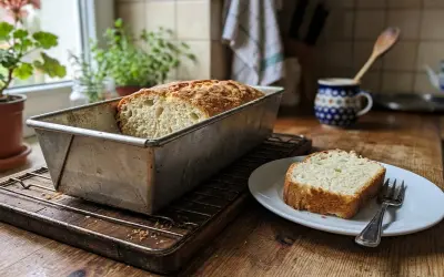 Domowe ciasto drożdżowe, sprawdzony przepis. Pachnący bochenek w keksówce i kromka na talerzyku.