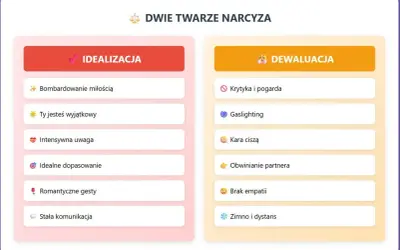 Dwie twarze narcyza: idealizacja (bombardowanie miłością, uwaga) i dewalucja (krytyka, gaslighting, obwinianie). Upadek narcyza to przejście od uwielbienia do pogardy.