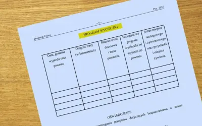 Formularz "Program wycieczki" z polami do wypełnienia: data, trasa, cel, nocleg i wyżywienie. Idealny do planowania szkolnej wycieczki.
