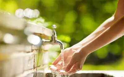 Mains sous un robinet extérieur. La hauteur du robinet extérieur est idéale pour se laver les mains dans ce cadre verdoyant.