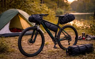 Rower gotowy do bikepacking gravel. Namiot i sprzęt kempingowy czekają nad jeziorem.