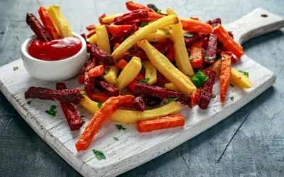 Frytki z buraka, batata i ziemniaka z ketchupem. Jakie przyprawy dodać do frytek poza solą papryka wędzona i parmezan? Może czosnek, zioła prowansalskie lub curry?