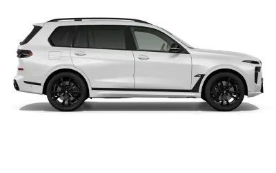 Białe BMW X7 M60i z czarnymi felgami i detalami. Luksusowy SUV gotowy na każdą podróż.