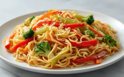 Buntes Mie Noodles Rezept mit Brokkoli, Paprika und Karotten, garniert mit Sesam. Ein schnelles und gesundes Gericht.