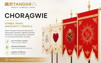 Eleganckie chorągwie religijne, symbol wiary i tradycji, haftowane z dbałością o detale, idealne na uroczystości.