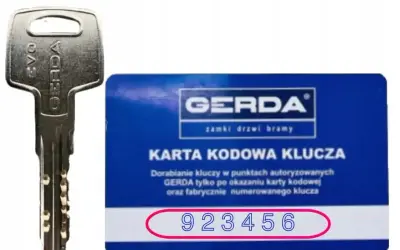 Karta kodowa klucza Gerda i klucz. Potrzebne do dorabiania kluczy.