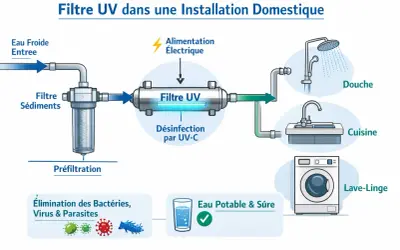 Schéma d'un filtre UV pour l'eau potable domestique : préfiltration, désinfection UV-C pour éliminer bactéries et virus, puis distribution vers douche, cuisine, lave-linge.