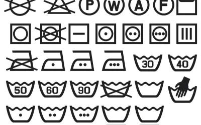Symbole pielęgnacji odzieży: zakaz suszenia, wybielania, prasowania. Pranie w wodzie z **elastanem** w różnych temperaturach.