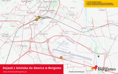 Mapa pokazuje dojazd z lotniska Mediolan Bergamo do dworca kolejowego i autobusowego.