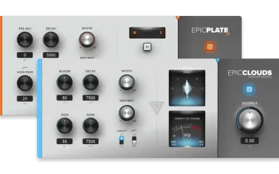 Two audio plugins, EPICPLATE 2 and EPICCLOUDS, showcasing controls for creating rich ambient reverb effects. Discover your next free reverb vst.