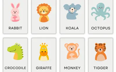 Tarjetas educativas con dibujos de animales en inglés: conejo, león, koala, pulpo, cocodrilo, jirafa, mono y tigre.