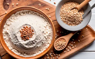 Farine au froment ou au blé noir dans un bol en bois, garnie d'amandes. Des graines sont dans des cuillères et sur un plateau.