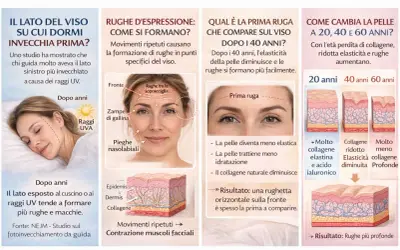Il lato del viso su cui dormi invecchia prima, formando rughe da sonno. I raggi UVA e i movimenti ripetuti causano rughe d'espressione.