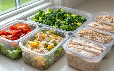 Gotowe posiłki w pojemnikach: kurczak, brokuły, sałatka z warzywami i ryżem. Idealne meal prep przepisy na zdrowy tydzień.