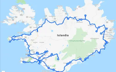 Mapa Islandii z zaznaczoną trasą podróży, idealna na wakacje z dzieckiem.