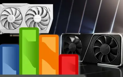 Vergleichsgrafik zeigt Leistungstests von Grafikkarten, darunter eine weiße ZOTAC und schwarze Modelle. Der rtx 3060 12gb test wird durch Balkendiagramme visualisiert.