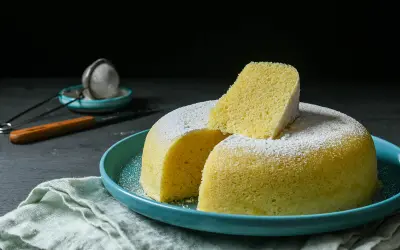 Delicioso bizcocho esponjoso, ideal para un mug cake yogur, espolvoreado con azúcar glas sobre un plato turquesa.