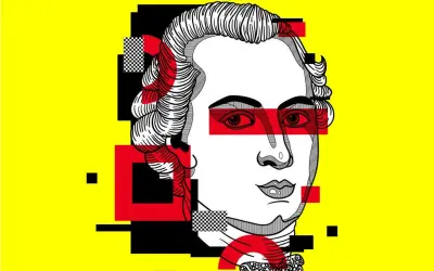 Portret z geometrycznymi elementami, jakby z wizji sądu ostatecznego. Czerwone pasy na oczach i czarno-biała szachownica dodają dramatyzmu.