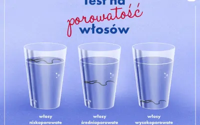 Test na porowatość włosów: włosy niskoporowate, średnioporowate i wysokoporowate w szklankach z wodą.