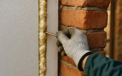 Ręka w rękawicy aplikuje piankę montażową do izolacji styropianowej przy ceglanym murze. Klejenie styropianu na piankę to szybki sposób na ocieplenie.