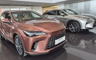 Dwa luksusowe SUV-y Lexus w salonie. Jeden w kolorze miedzianym, drugi srebrny, błyszczą na wypolerowanej podłodze.