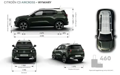 Citroën C3 Aircross wymiary: długość 4395 mm, szerokość 1795 mm, wysokość 1633/1660 mm. Rozstaw osi 2670 mm.