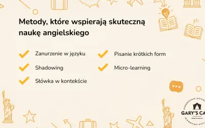 Skuteczne metody, jak nauczyć się angielskiego: zanurzenie, shadowing, pisanie, micro-learning.