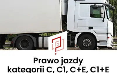 Biała ciężarówka z naczepą. Logo i tekst: Prawo jazdy kategorii C, C1, C+E, C1+E.