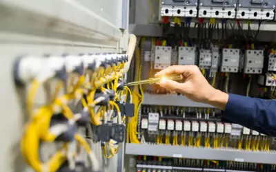 Elektryk sprawdza instalację elektryczną. Dokumentacja ZUS wykaz stanowisk pracy w szczególnych warunkach może być potrzebna przy pracach z takim okablowaniem.