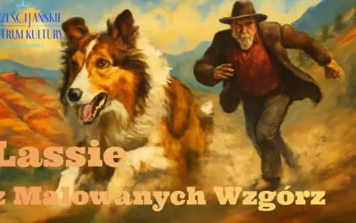 Lassie, wierny pies, biegnie obok mężczyzny w kapeluszu. Tytuł "Lassie z Malowanych Wzgórz" sugeruje przygodę.