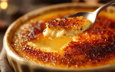 Une cuillère prélève une bouchée d'une crème brûlée dorée, sa croûte caramélisée craquant sous la pression.