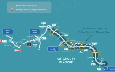 Carte de l'autoroute Blanche en France, montrant les péages traditionnels et les portiques de péage en flux libre prévus pour 2027.