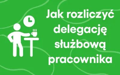 Jak rozliczyć delegację służbową pracownika? Ikona zegara i pracownika przy stoliku z kawą.