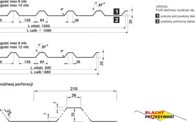 Schemat blachy trapezowej z wymiarami: szerokość fali 210, 126, 84 mm. Dostępne grubości 0,50 i 0,70 mm.