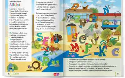 Kolorowe litery alfabetu z postaciami zwierząt i ludzików, ilustrujące najkrótszy wiersz Juliana Tuwima dla dzieci.