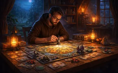 Mężczyzna gra w planszówkę, która wygląda jak jedna z najlepszych gier singleplayer. Nocny krajobraz za oknem i ciepłe światło lampy tworzą przytulną atmosferę.