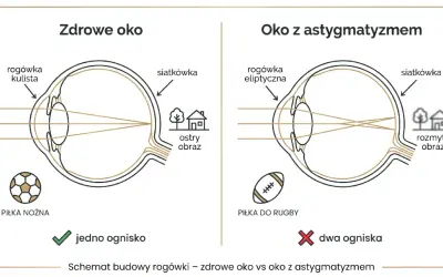 Zdrowe oko z kulistą rogówką skupia światło w jednym ognisku, dając ostry obraz. Oko z astygmatyzmem i eliptyczną rogówką tworzy dwa ogniska, co skutkuje rozmytym obrazem.