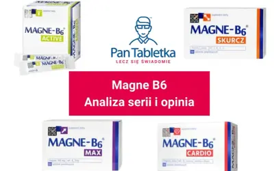 Różne opakowania Magne B6: Active, Skurcz, Max i Cardio. Suplement magnez bez witaminy B6, ale z dodatkami.