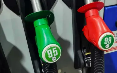 Dwie dysze dystrybutorów paliwa: zielona z napisem 95 E10 i czerwona z 98 E5. Idealne do tankowania patrol y60.