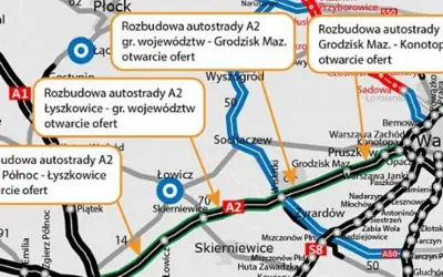 Aktualności dzisiaj: Rozbudowa autostrady A2 Łyszkowice - gr. województw, otwarcie ofert. Mapa pokazuje postęp prac.