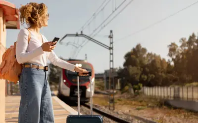 Kobieta z plecakiem i walizką czeka na pociąg PKP. Jej bagaż ponadwymiarowy jest gotowy do podróży.