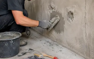 Ręce w rękawiczkach nakładają masę naprawczą na uszkodzoną ścianę za pomocą kielni. Obok wiadro z zaprawą i narzędzia.