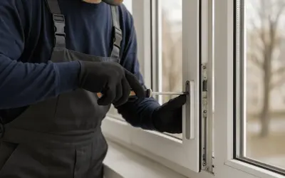 Técnico con guantes negros repara una ventana de aluminio antigua, ajustando el mecanismo con un destornillador.