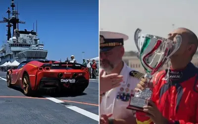 Fabio Barone festeggia una vittoria con un trofeo, mentre un'auto sportiva rossa sfreccia su una nave.