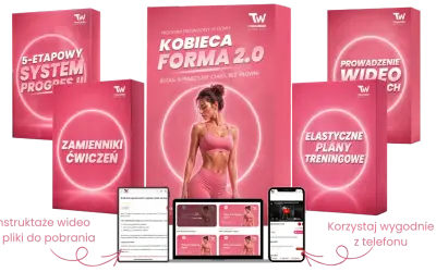 Kobieta endomorfik w różowym stroju sportowym na tle materiałów treningowych. Program "Kobieca Forma 2.0" oferuje plany, wideo i zamienniki ćwiczeń.