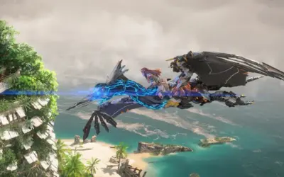 Aloy na latającym stworze przemierza niebo nad tropikalnymi wyspami w Horizon Forbidden West: Burning Shores.